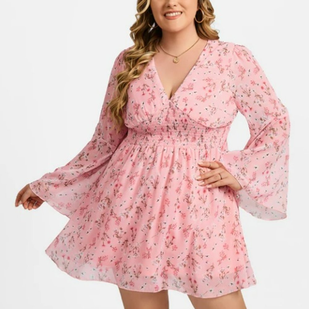 Plus Size Pink Floral V-Neck Mini Dress - 3XL